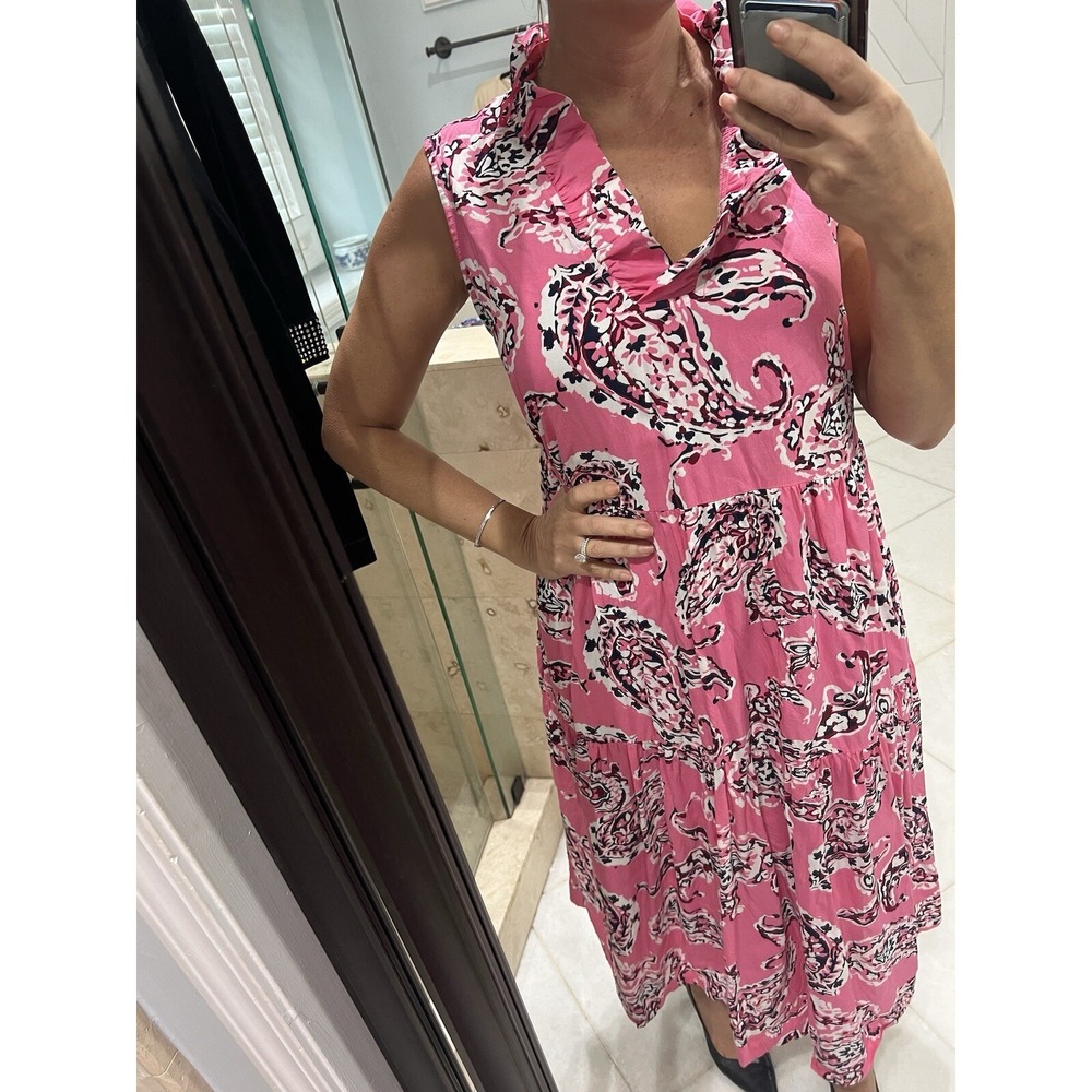 Crown Ivy Dress Womens XL Pink Paisley Tiered Midi Ruffle Sleeveless Pockets